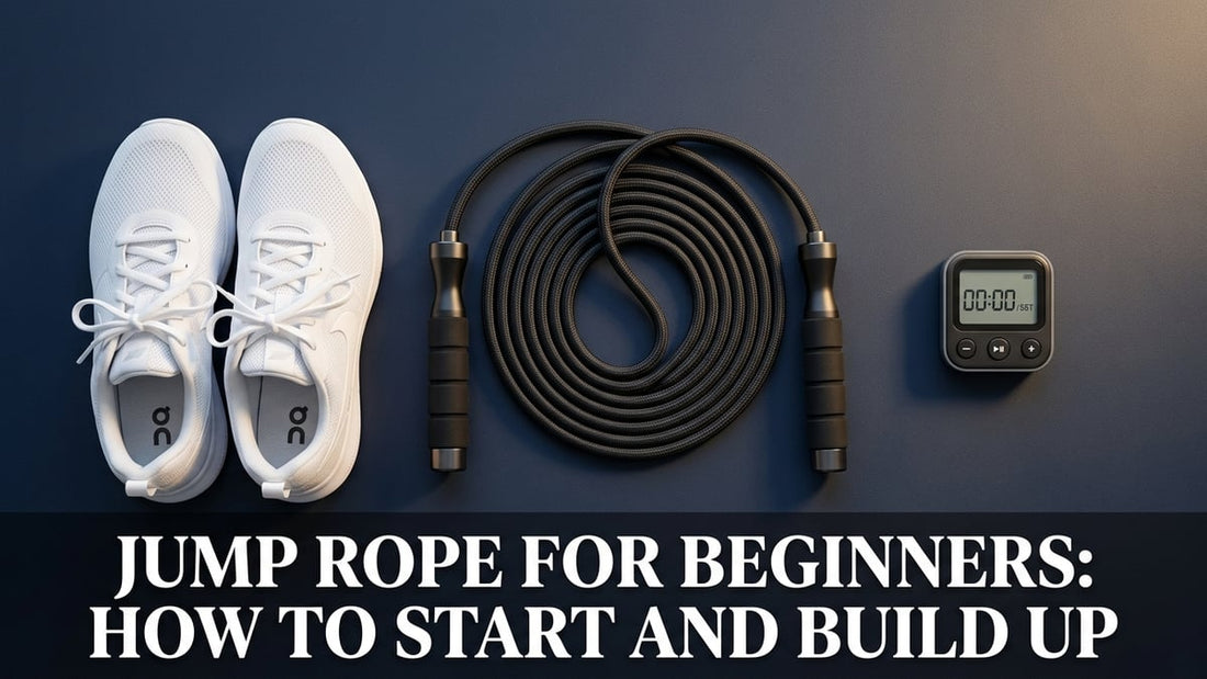 Flat-lay of a premium weighted jump rope, cross-training shoes, and interval timer on a dark navy surface