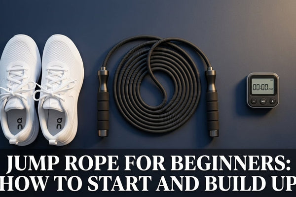 Flat-lay of a premium weighted jump rope, cross-training shoes, and interval timer on a dark navy surface
