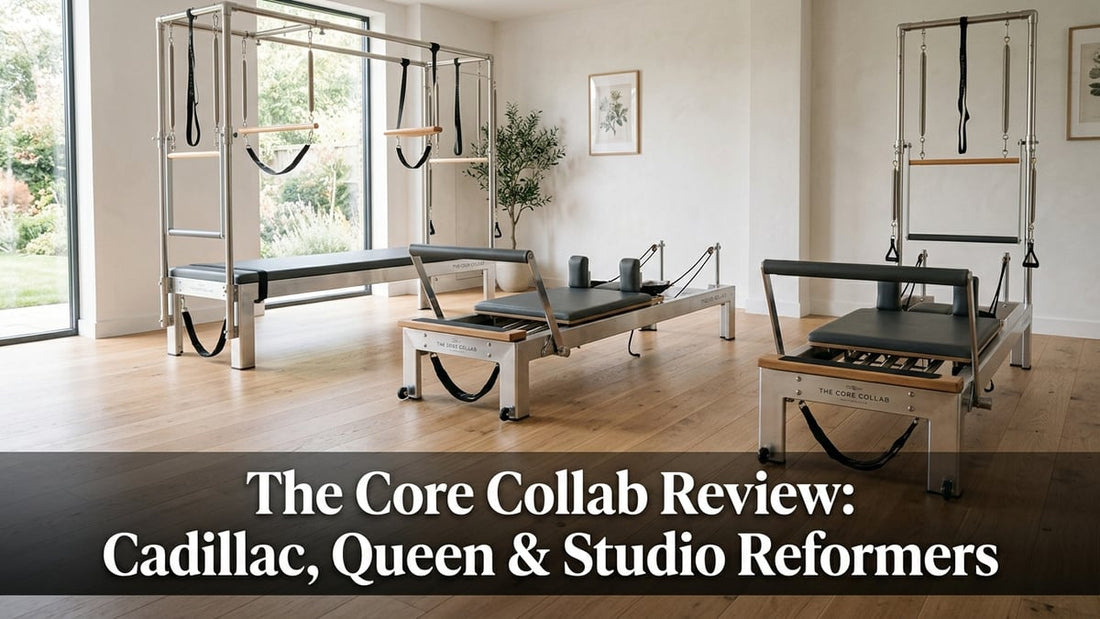 Three Core Collab Pilates reformers — Studio, Queen, and Cadillac — displayed side by side in a minimalist studio