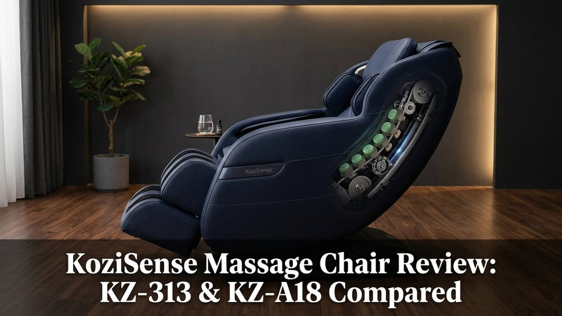 Premium KoziSense massage chair with jade stone lumbar heating elements in minimalist wellness room setting