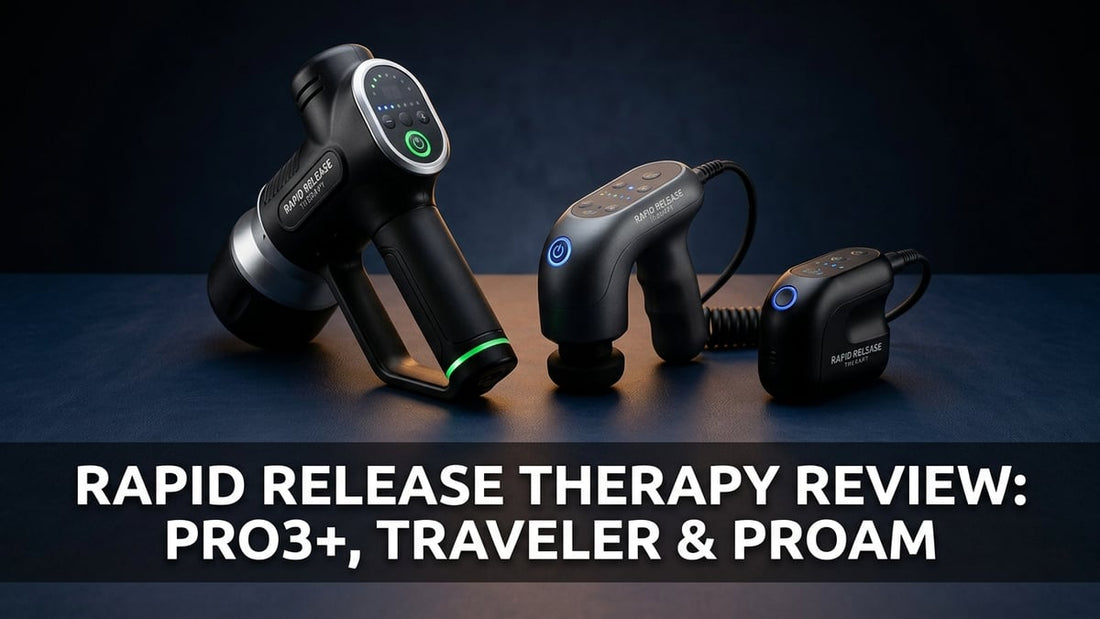 Three Rapid Release Therapy devices — Pro3+, Traveler, and ProAm — arranged in a cinematic studio product shot on navy background.