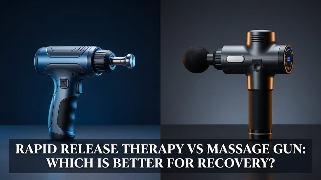 Side-by-side cinematic product shot comparing a rapid release therapy device and a percussion massage gun on navy surface