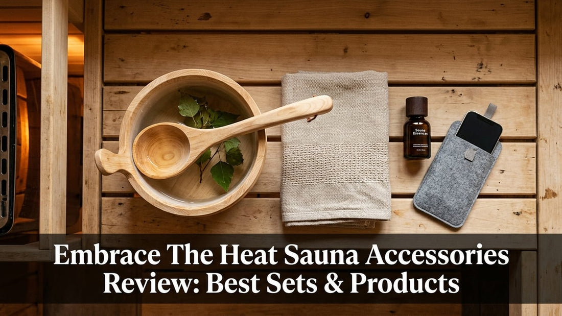 Flat-lay of premium Embrace The Heat sauna accessories including wooden ladle, bucket, linen towel, and diffuser on aspen wood