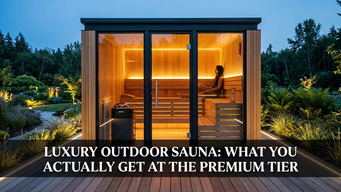 Premium luxury outdoor sauna with panoramic glass walls glowing amber at dusk in a landscaped garden setting
