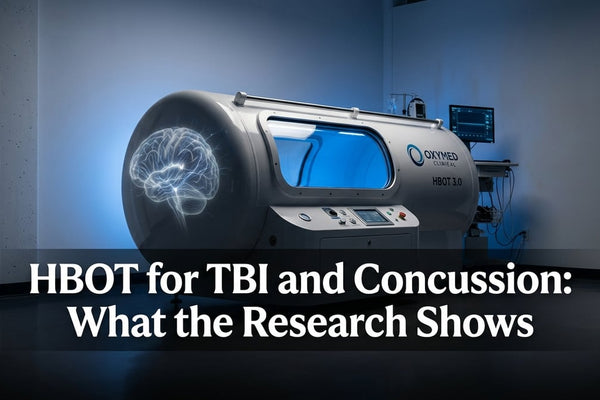 Sleek hyperbaric chamber with glowing brain neural pathway projection illustrating HBOT for TBI recovery