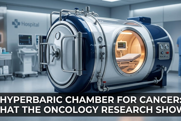 Modern hyperbaric oxygen chamber in a clinical oncology setting with cinematic navy blue lighting
