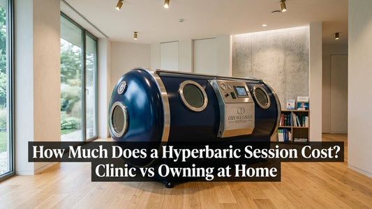 Premium hard-shell hyperbaric chamber in a minimalist clinical wellness room with dramatic spotlighting