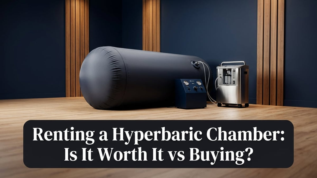 Sleek soft-shell hyperbaric chamber in a minimalist home wellness room with navy blue and wood tones