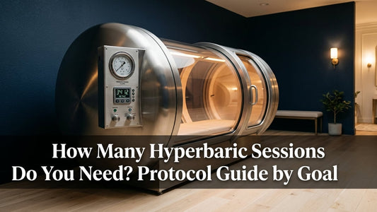 Sleek hyperbaric oxygen chamber in a minimalist wellness suite with precision pressure gauge and article title text overlay