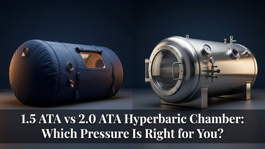 Side-by-side comparison of a soft-shell 1.5 ATA portable hyperbaric chamber and a rigid 2.0 ATA hard-shell clinical chamber