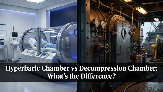 Side-by-side cinematic comparison of a modern hyperbaric therapy chamber and an industrial decompression chamber