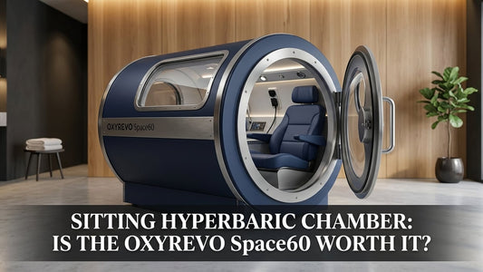 OxyRevo Space60 hard-shell sitting hyperbaric chamber in a minimalist premium wellness room