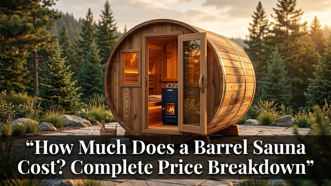 Premium Western red cedar barrel sauna on stone patio with golden-hour lighting and price breakdown title text
