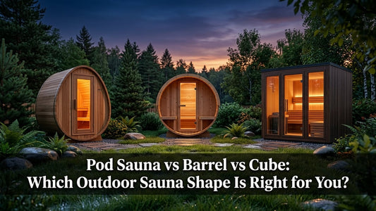 Three outdoor saunas side by side at dusk — pod, barrel, and cube shapes glowing with warm interior light