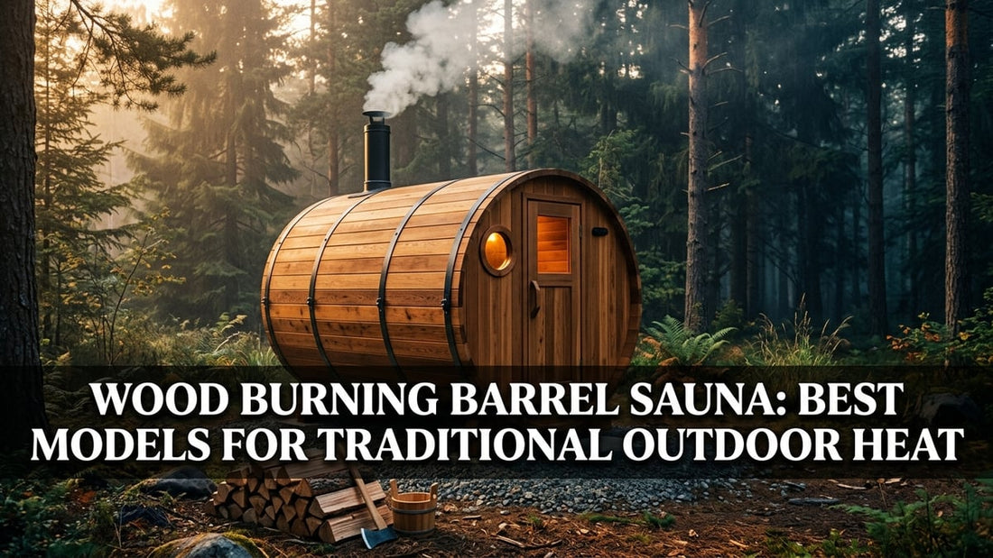 Cinematic outdoor cedar wood burning barrel sauna with chimney smoke glowing at golden hour in a forest setting