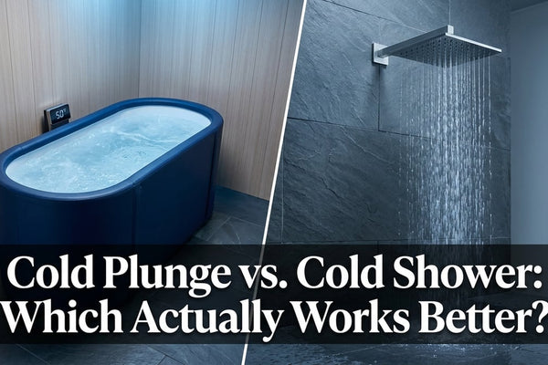 Split cinematic comparison of a cold plunge tub and cold shower head in minimalist wellness rooms