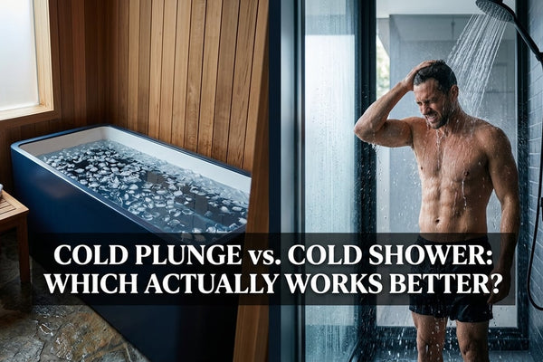 Split-scene cinematic comparison of a navy cold plunge tub and a cold shower in a minimalist wellness room