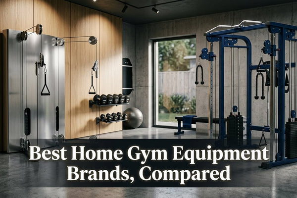 Side-by-side cinematic view of wall-mounted cable track gym system and freestanding functional trainer rack in premium garage gym