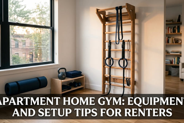 Cinematic apartment living room corner converted into a compact home gym with wall bars and rubber mat