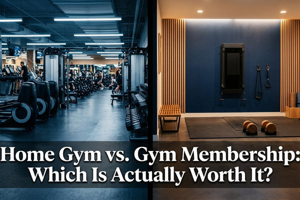 Cinematic split-scene comparing a crowded commercial gym interior with a clean minimalist home gym setup