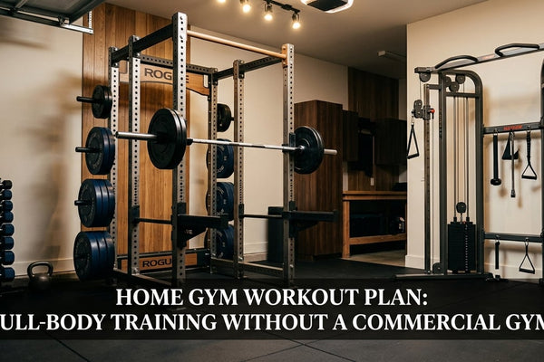 Cinematic home garage gym with loaded barbell on power rack and cable trainer system under warm lighting