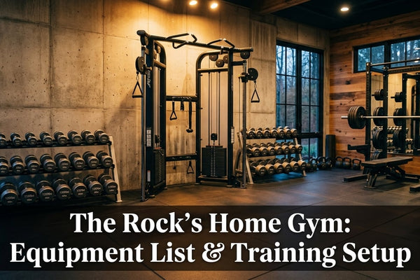 Cinematic wide-angle view of a professional home gym with functional trainer, dumbbell racks, and power rack under dramatic lighting