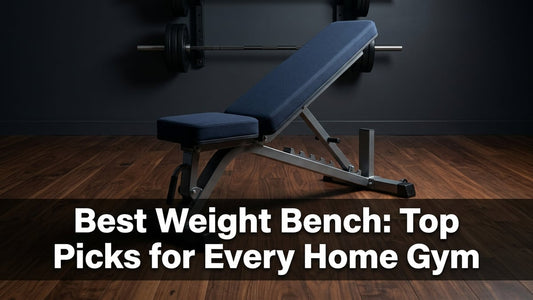 Cinematic hero shot of a premium navy blue adjustable weight bench in a clean minimalist home gym with dramatic editorial lighting