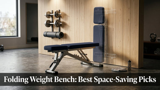 Cinematic home gym shot of a navy blue folding weight bench deployed against a minimalist wood wall with dramatic lighting.