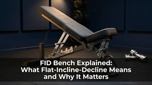 Cinematic studio shot of a premium FID adjustable weight bench at incline angle in a minimalist home gym