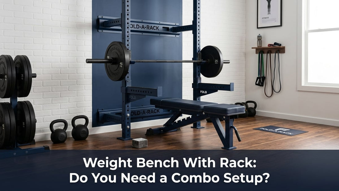 Cinematic home gym shot of a navy blue wall-mounted squat rack with folding bench and loaded barbell