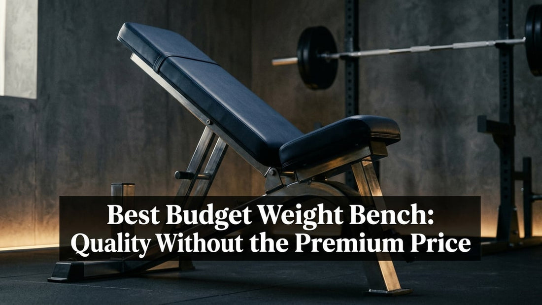 Cinematic studio shot of a navy blue adjustable weight bench in a minimalist home gym with dramatic lighting