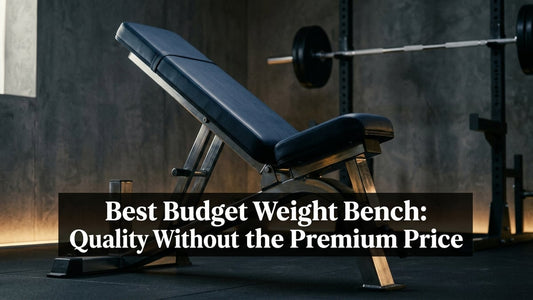 Cinematic studio shot of a navy blue adjustable weight bench in a minimalist home gym with dramatic lighting