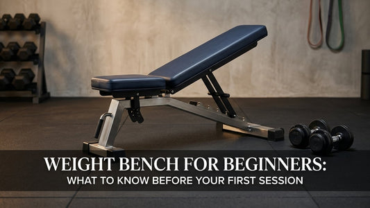 Cinematic navy blue adjustable weight bench in a clean minimalist home gym with warm directional lighting
