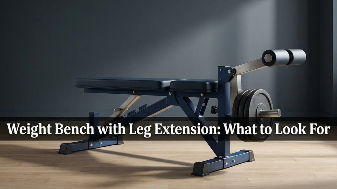Heavy duty weight bench with leg extension attachment in a clean minimalist home gym with dramatic studio lighting