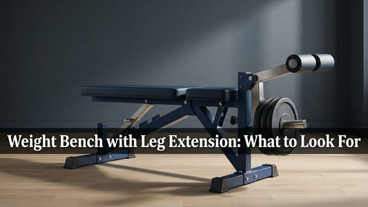 Heavy duty weight bench with leg extension attachment in a clean minimalist home gym with dramatic studio lighting