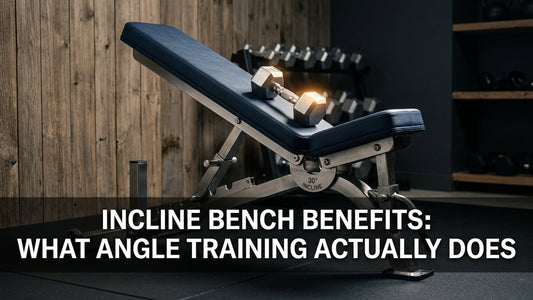 High-end adjustable incline bench at 30 degrees in a minimalist home gym with cinematic studio lighting