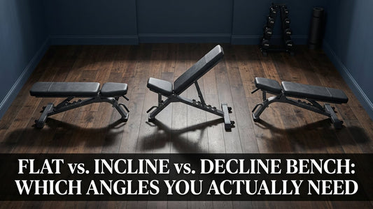 Three premium weight benches set to flat, incline, and decline angles in a minimalist home gym studio setting