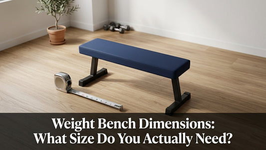 Cinematic top-down view of a navy blue weight bench on wood-grain gym flooring with a steel tape measure beside it