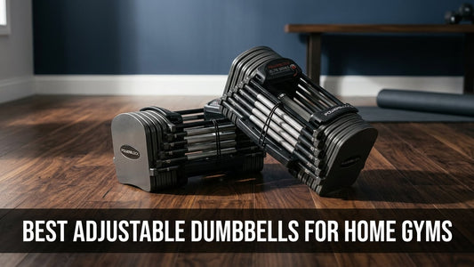 Premium adjustable dumbbells on a hardwood floor in a minimalist home gym with dramatic side lighting