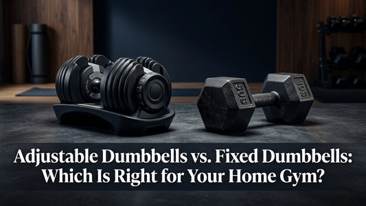 Side-by-side cinematic studio shot of an adjustable selector dumbbell and a fixed cast iron hex dumbbell on dark concrete