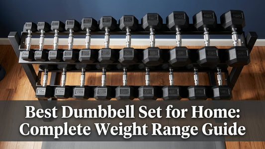 Cinematic flat-lay of a complete rubber hex dumbbell set arranged on a three-tier storage rack in a minimalist home gym