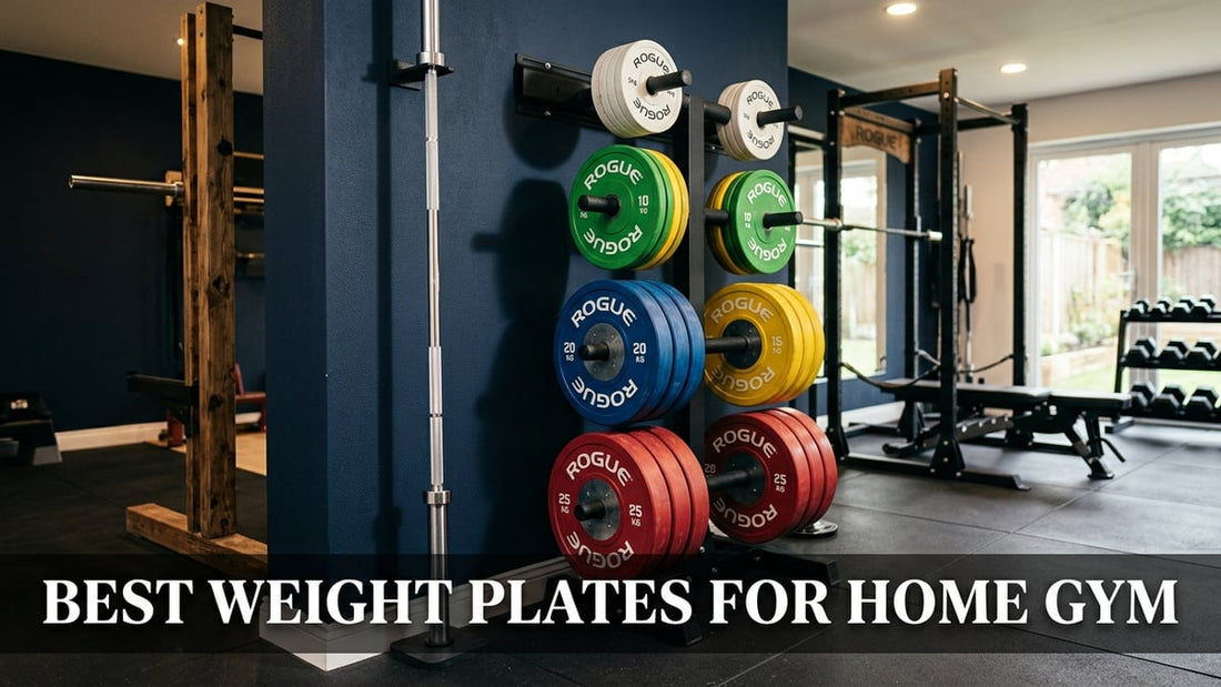 IWF color-coded competition bumper plates on a navy home gym rack with Olympic barbell