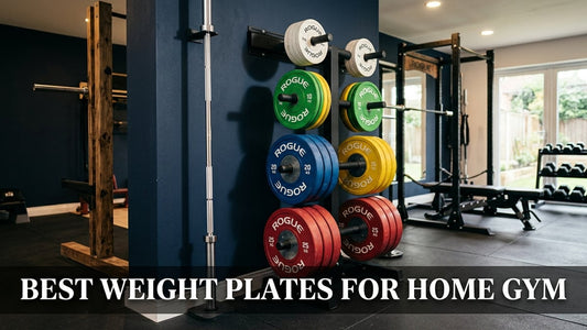IWF color-coded competition bumper plates on a navy home gym rack with Olympic barbell