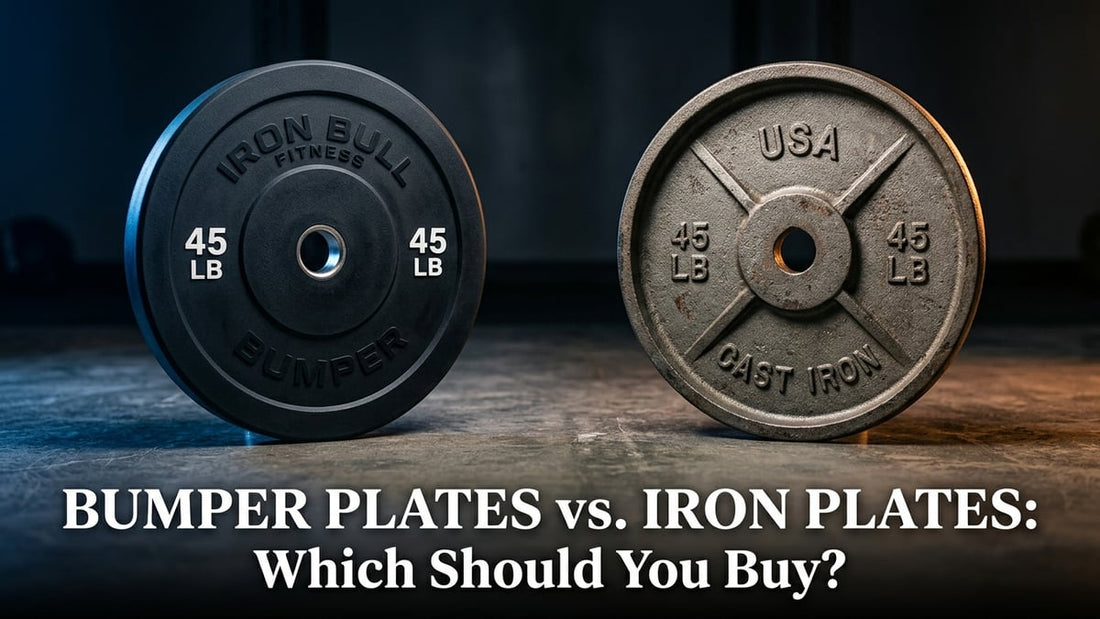 Side-by-side comparison of a rubber bumper plate and a cast iron weight plate under dramatic studio lighting