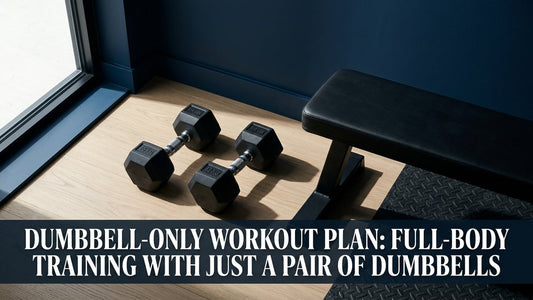 Pair of hex-head dumbbells on hardwood floor beside a workout bench with bold article title overlay