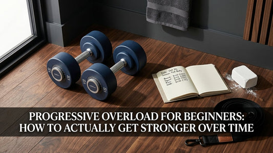 Cinematic flat-lay of adjustable dumbbells and a training log notebook in a minimalist home gym setting