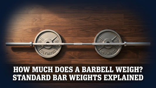 Cinematic top-down view of a 45-pound Olympic barbell with iron plates on dark wood floor