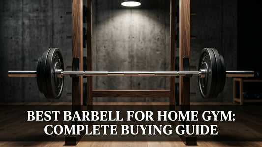 Cinematic home gym Olympic barbell on wooden rack with dramatic overhead lighting and navy tones