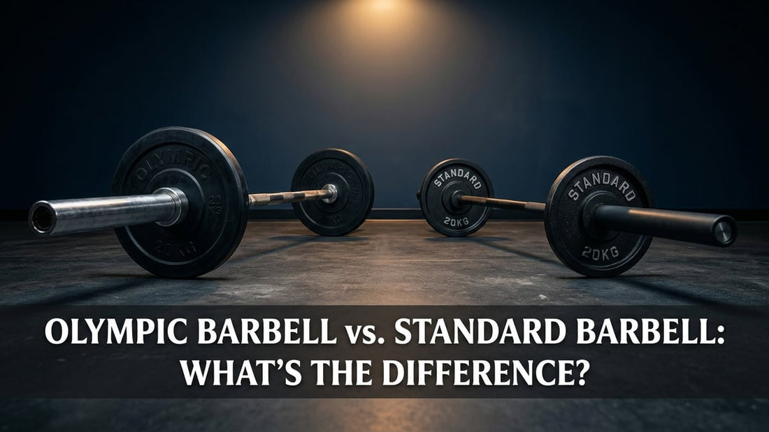 Two barbells side by side showing Olympic 2-inch sleeve versus standard 1-inch sleeve difference