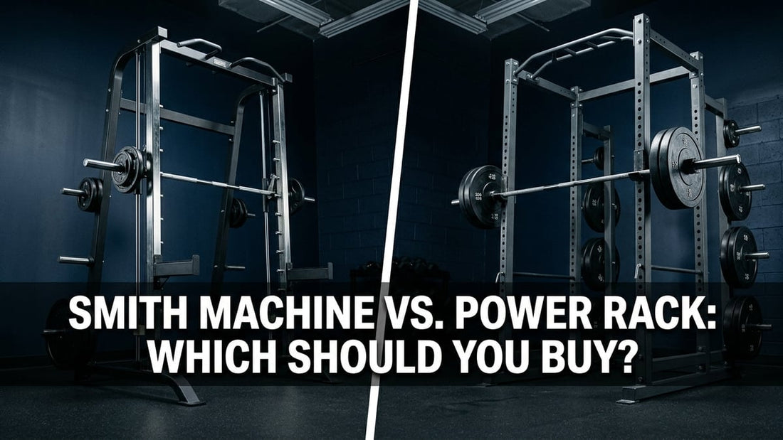 Side-by-side cinematic comparison of a Smith machine and a power rack in a home gym setting
